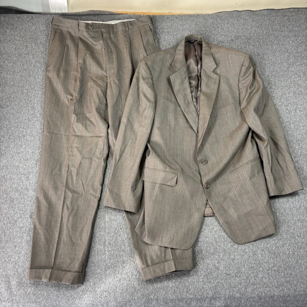 Burberry London Mens 44 Long 36X32 Wool Suit Brown Glen Plaid Kensington USA